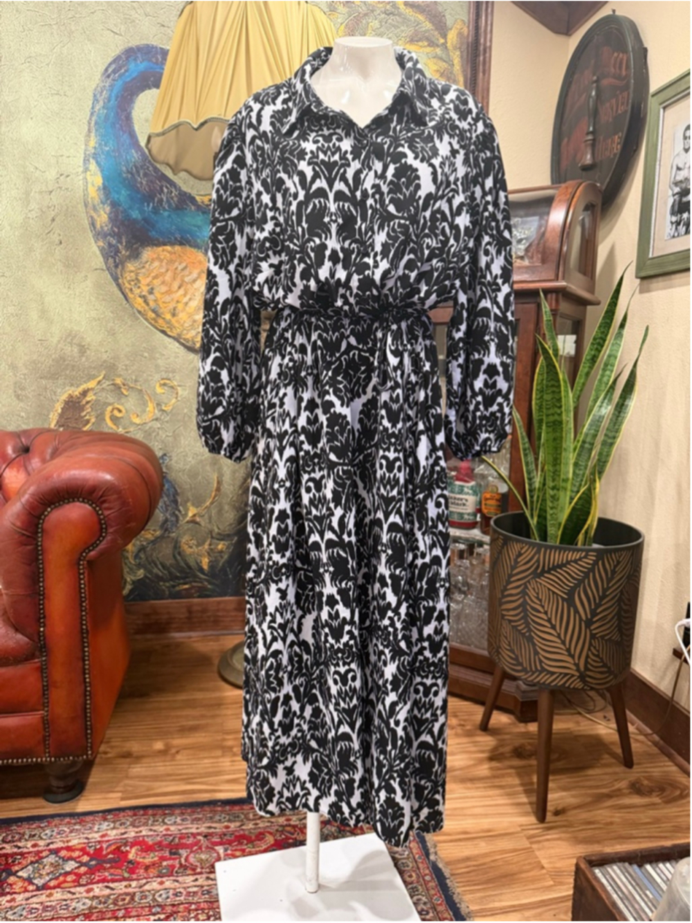 Emma & Michele Maxi Dress 3X Damask Print Black White Long Sleeve Shirt Dress - Picture 3 of 11